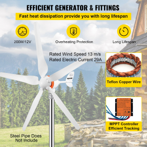 TURBINA EOLICA AD ASSE ORIZZONTALE 500W 12V 5 PALE IN NYLON CON REGOLATORE MPPT