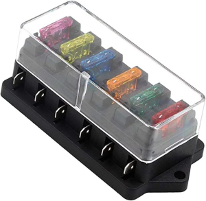 PORTAFUSIBILI A LAMA 6 VIE CONTATTI 6,3mm 12/24VDC MAX 40A + 6 FUSIBILI
