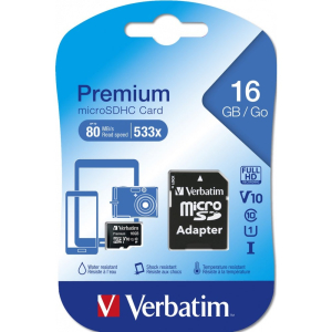 MEMORY CARD MICRO SD 16GB CON ADATTATORE 80MB/S PREMIUM VERBATIM