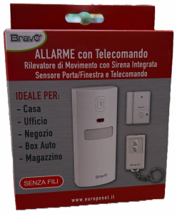 ALLARME PORTA/FINESTRA+SENSORE MOVIMENTO WIRELESS CON TELECOMANDO BRAVO