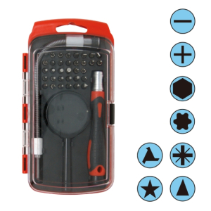 SET CACCIAVITI DI PRECISIONE CON INSERTI 33IN1 IN CROMO VANADIO CON PROLUNGA LENTE