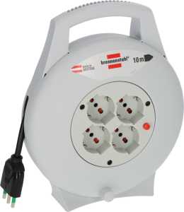 PROLUNGA AVVOLGIBILE 10mt SPINA 16A 4 PRESE BIPASSO+SCHUKO 220VAC MAX 3500W GRIGIA