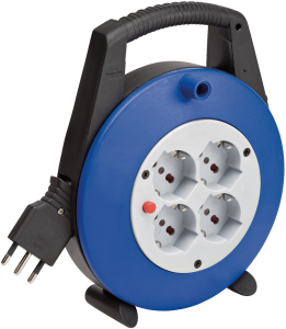 PROLUNGA AVVOLGIBILE 5mt SPINA 16A 4 PRESE BIPASSO+SCHUKO 220VAC MAX 3500W NERO/BLU