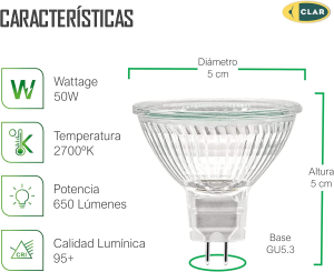 FARETTO ALOGENO DICROICO GU5.3 12V 50W 2700K 650lm 38° DIAMETRO 50mm CRI 95+