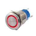 PULSANTE IN METALLO 19MM 3 CONTATTI N.C. LED 4V-12V ANELLO LUMINOSO ROSSO IP67 250VAC 3A