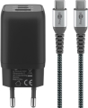 SET RICARICA RAPIDA CARICATORE USB/A QC 30W+2X USB-C PD 65W E CAVO USB-C TELATO 1MT NERO GOOBAY