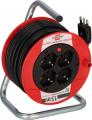 PROLUNGA AVVOLGICAVO 15mt SPINA 16A 4 PRESE BIPASSO+SCHUKO 220VAC MAX 3500W ROSSO/NERO
